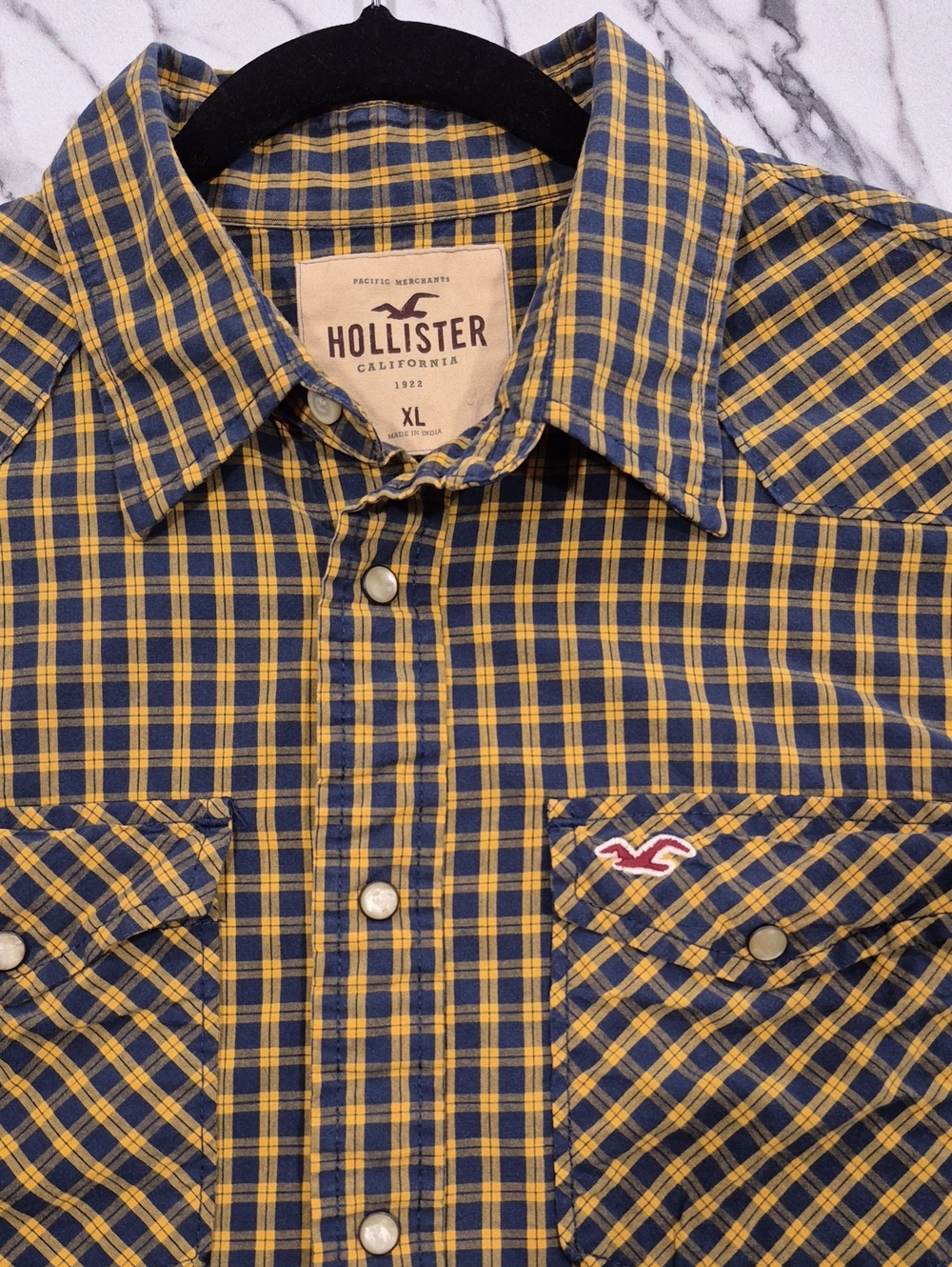 Hollister Snap Front Long Sleeve WesternShirt, Mens XL Yellow Blue Checks Plaid
